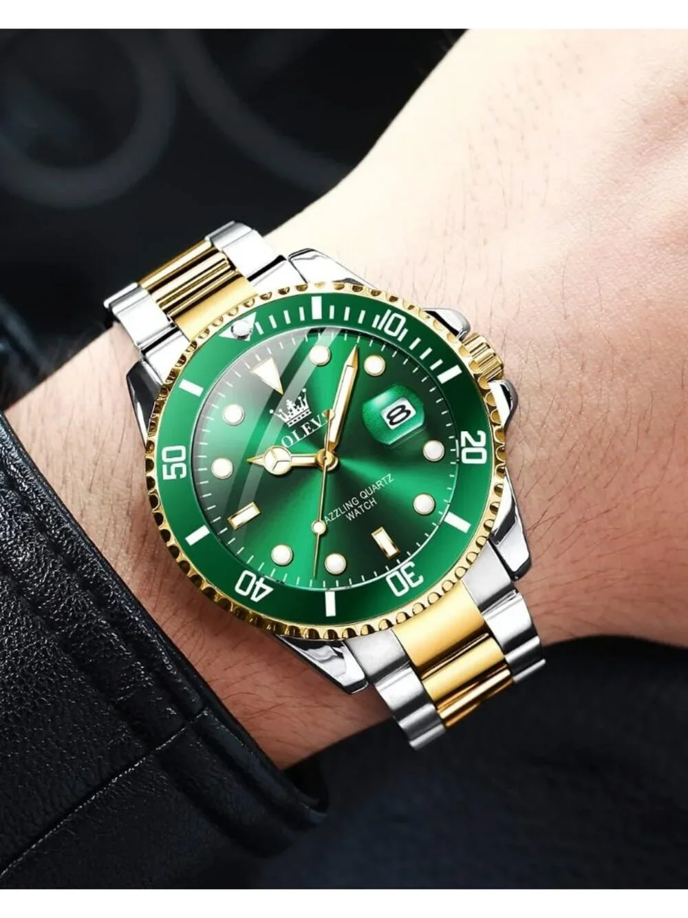 Men's Green Premium Gold and Silver Stainless Analog Rotatable Bezel Steel Watch
